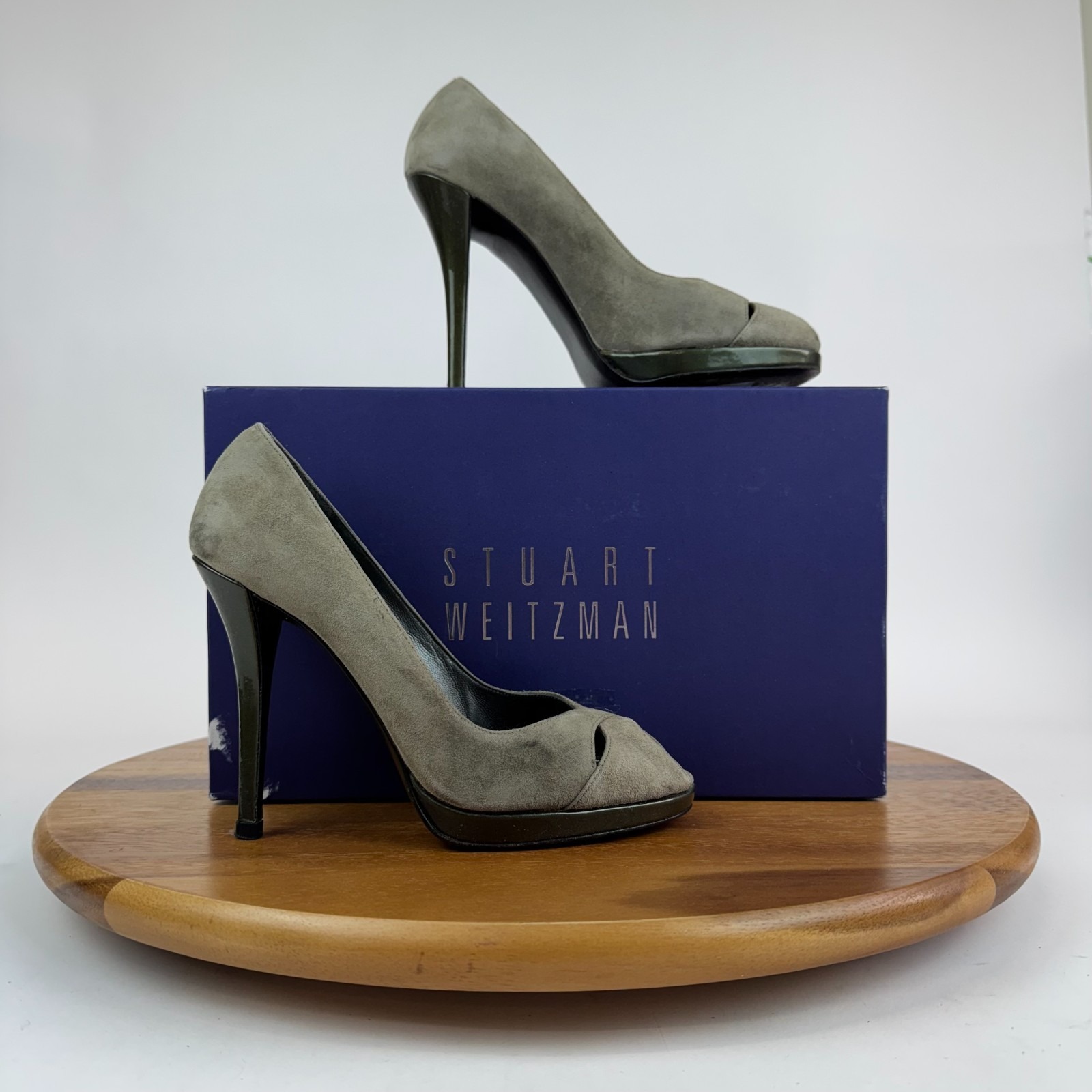 Womens Stuart Weitzman Swag Gray Suede Peep Toe Heels Shoes Size 6 M Guc